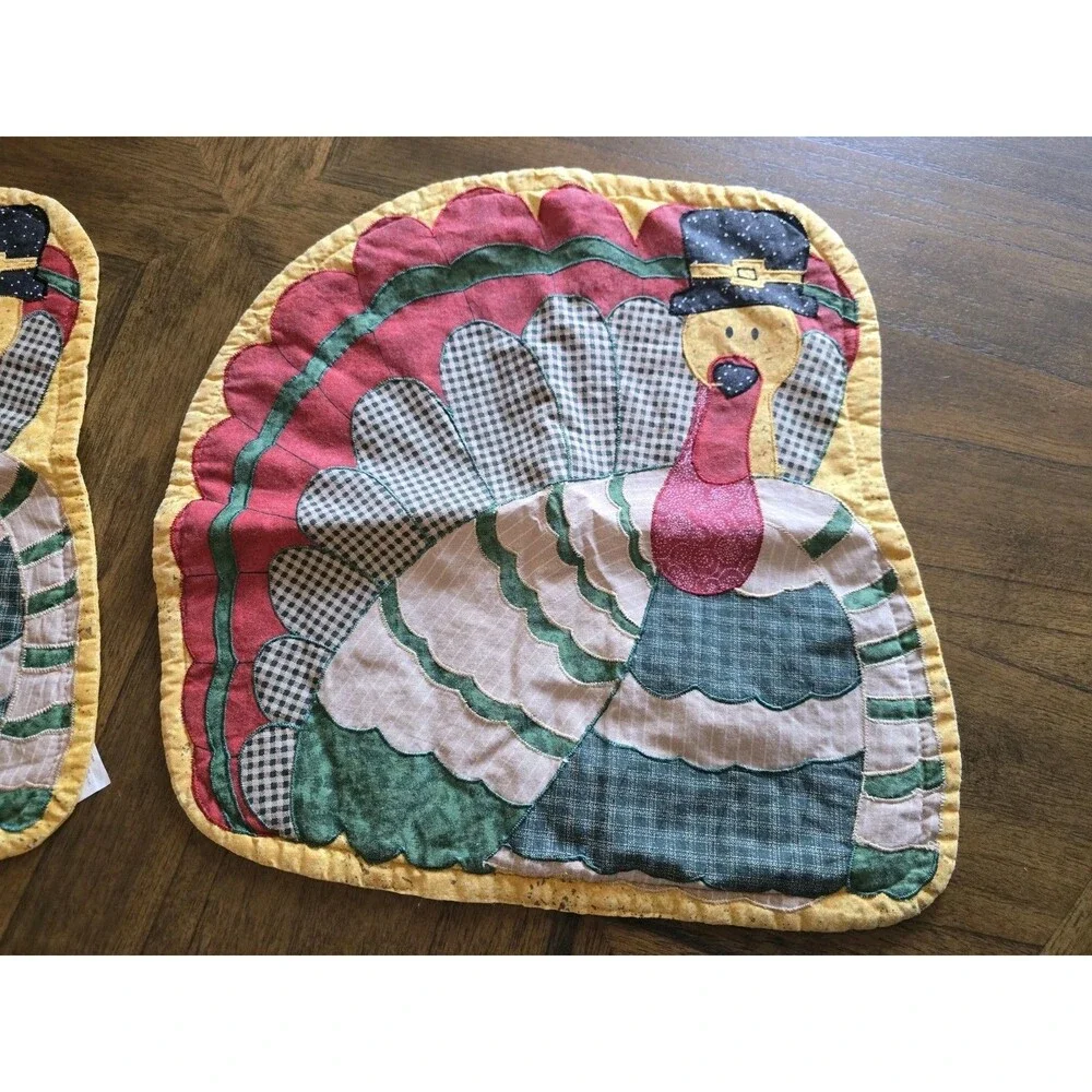 Vintage Thanksgiving Turkey Quilted Placemats Set of 2 Primitive Country Fall